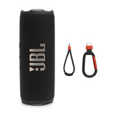 JBL Flip 7 front view showing controls and big sound in black, durable and clear