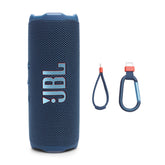 JBL Flip 7 front view showing blue speaker and strong bass, portable enjoyment
