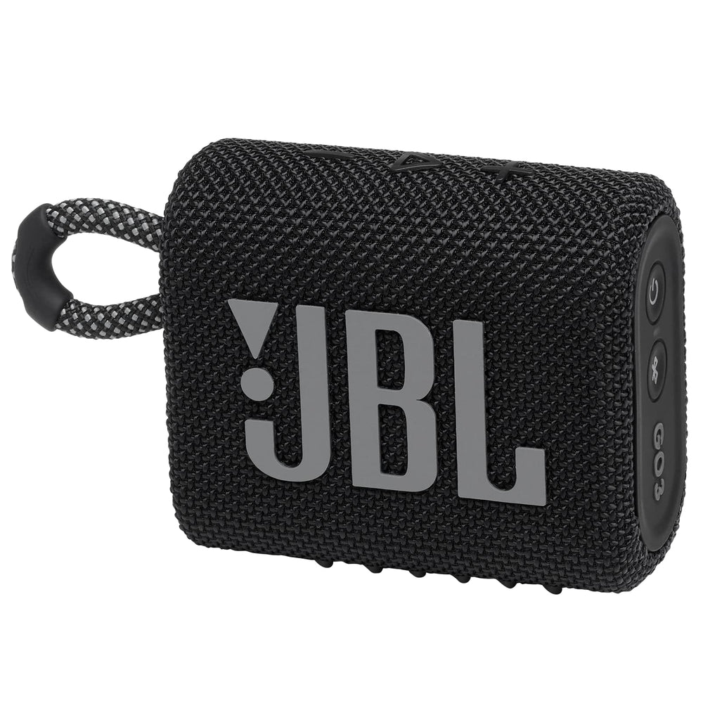 JBL Go 3 front view showing speaker grille and compact profile for powerful sound