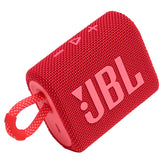 JBL Go 3 frontal rojo mostrando diseño compacto y potencia de sonido
