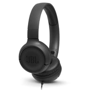 JBL Tune 500 front view showing sleek black design and clear branding, portable and stylish