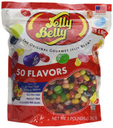 Jelly Belly front pouch showing 3 lb label and assorted fruit flavors benefits sharing