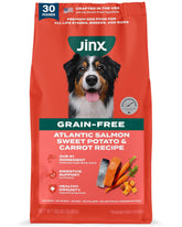 Jinx front of bag showing salmon recipe and 30 lb size benefit