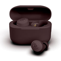 JLab Go Air Pop+ charging case open with earbuds, shows long battery benefit