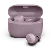 JLab Go Air Pop+ front packaging in mauve showing earbuds and case with clear branding and benefit