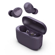 JLab Go Air Pop+ front view showing compact violet case and earbuds, highlighting portability