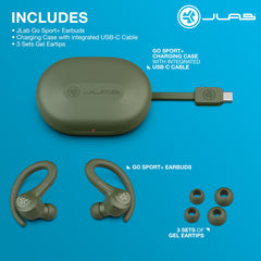 JLab Go Sport+ close-up del auricular con controles táctiles y textura