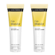 John Frieda pack frontal mostrando champú y acondicionador para rubios brillantes