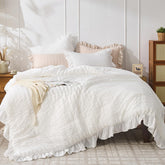 JOLLYVOGUE front view of white ruffle comforter set shows elegant bedroom styling benefit