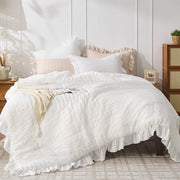 JOLLYVOGUE front view of white ruffle comforter set shows elegant bedroom styling benefit