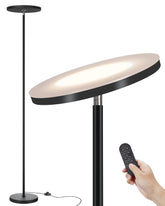 JOOFO front view torchiere showing sleek silhouette and bright even room glow