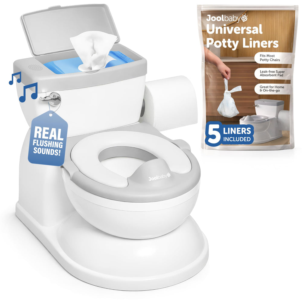 Jool Baby front view of gray realistic potty showing realistic design and encouragement