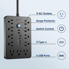 JouleLoom primer plano de 4 USB‑A y 2 USB‑C, carga eficiente para dispositivos móviles
