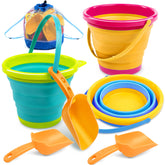 JOYIN front view of three colorful foldable buckets showing compact kit and portability