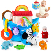 JoySpark front view of Noah's Ark showing colorful travel handle and nested animals for portable play