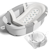 JoyYum bañera frontal plegable gris mostrando diseño compacto y beneficio espacio