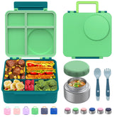 JoyYum bento box front view showing green lid and secure latches for spill protection