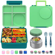 JoyYum bento box front view showing green lid and secure latches for spill protection