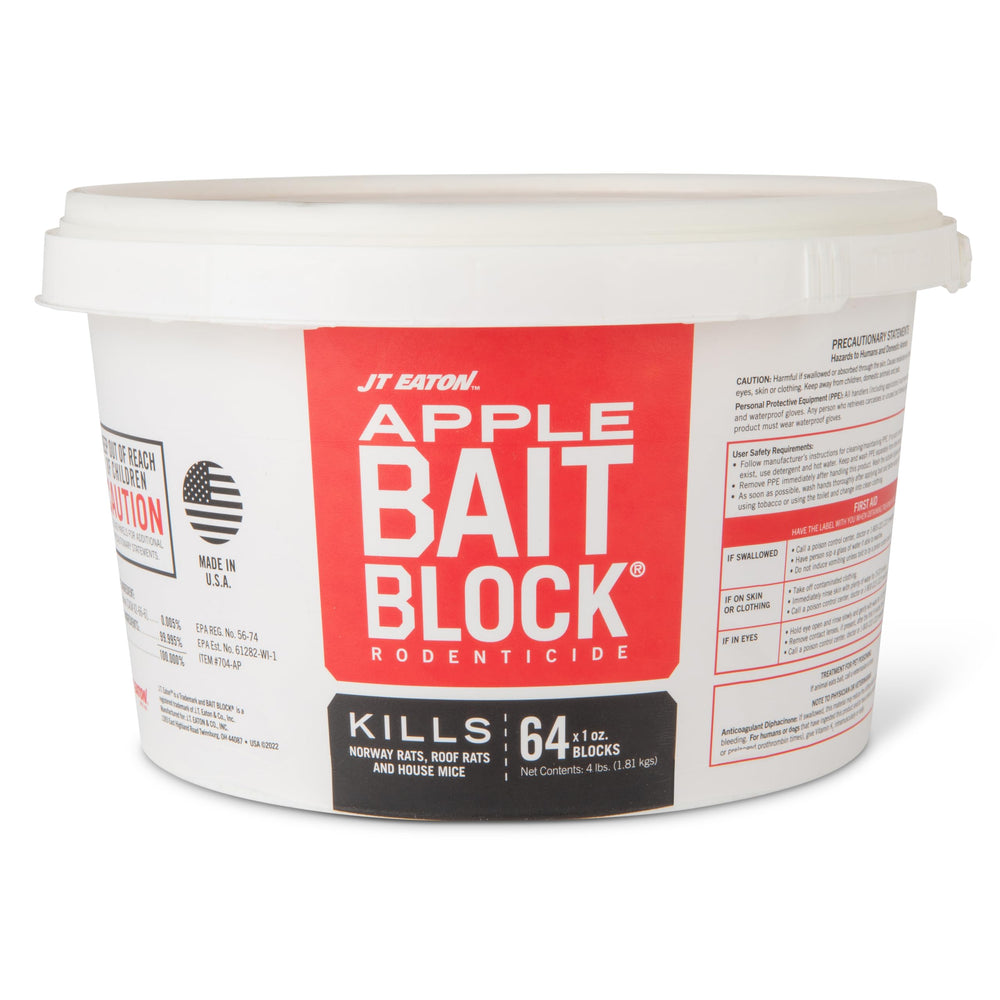 JT Eaton front pail showing apple-flavored rodenticide label and secure resealable lid benefit clear storage