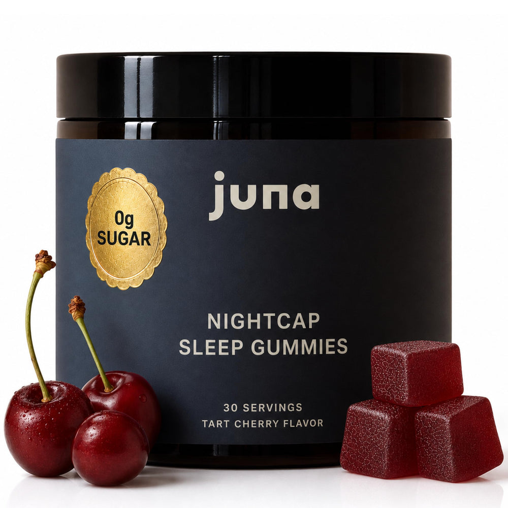 Juna Nightcap vista frontal del envase mostrando gomitas y marca, conveniencia nocturna