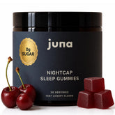 Juna Nightcap vista frontal del envase mostrando gomitas y marca, conveniencia nocturna