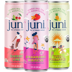 JUNI pack frontal de latas mostrando los tres sabores y beneficios funcionales
