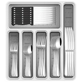 JUNLIN front packaging showing full 49-piece flatware set and organizer for instant use