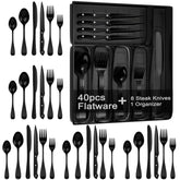 JUNLIN front view of black flatware set showing sleek service for eight, elegant table appeal