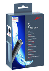 Jura claris smart filter front packaging showing three cartridges and clear labeling benefits