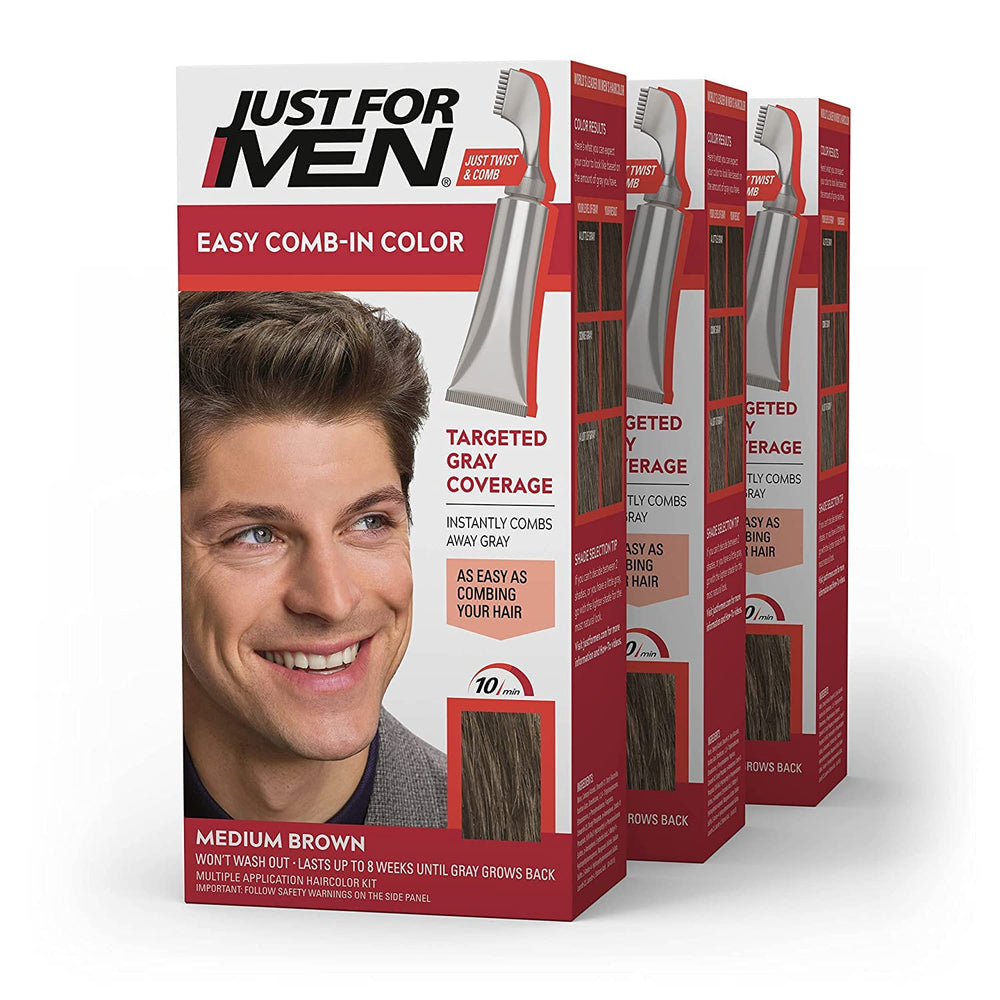 Just For Men pack frontal de tres tubos mostrando etiqueta y tono