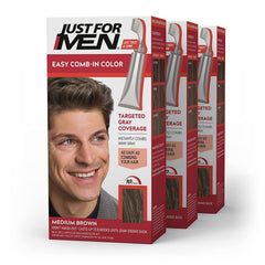Just For Men pack frontal de tres tubos mostrando etiqueta y tono