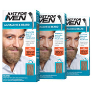 Just For Men envase frontal mostrando kit de 3 unidades y beneficio de cobertura
