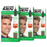 Just For Men empaque frontal mostrando tono Castaño Claro H-25 y beneficio de cobertura de canas