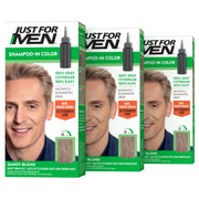 Just For Men frontal del empaque mostrando el tono sandy blond y beneficios