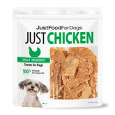 JustFoodForDogs front packaging showing 18oz chicken treats and clear ingredients benefit