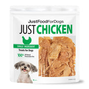 JustFoodForDogs front packaging showing 18oz chicken treats and clear ingredients benefit