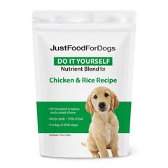 JustFoodForDogs empaque frontal mostrando mezcla nutricional y beneficios claros