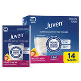Juven empaque frontal mostrando 14 sobres y sabor fruit punch, fácil identificación