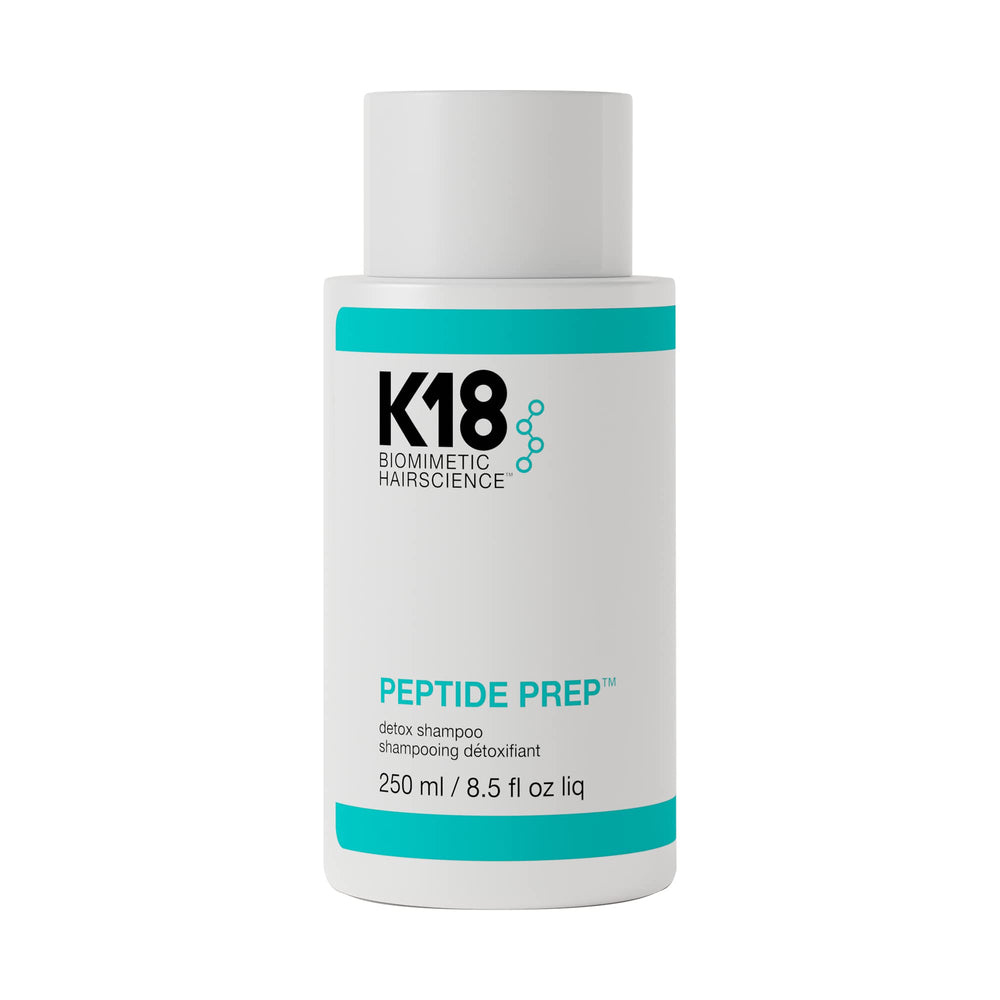 K18 envase frontal del champú prep detox mostrando volumen y fórmula segura para color