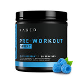 Kaged envase frontal Blue Razz mostrando diseño y sello deportivo