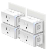 Kasa Smart HS103P4 front view showing four compact Wi‑Fi plugs and easy setup benefit
