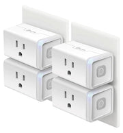 Kasa Smart HS103P4 front view showing four compact Wi‑Fi plugs and easy setup benefit