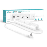 Kasa Smart KP303 front view showing three outlets and two USB ports for versatile charging