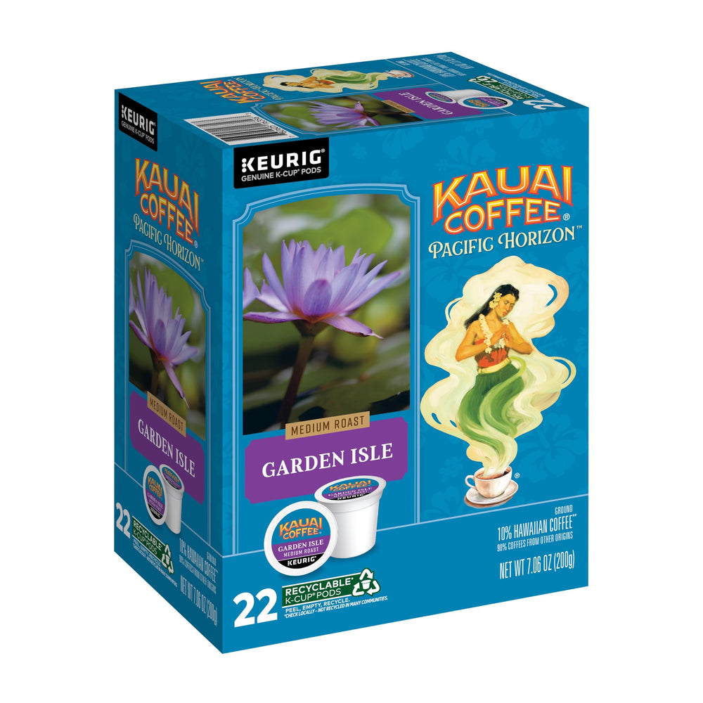 Kauai Coffee frente del paquete K-Cup mostrando marca y beneficio de aroma