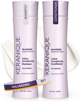 Keranique front packaging showing shampoo and conditioner for visible volume