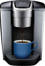 Keurig K-Elite front view showing brushed silver finish and space-saving design for kitchens