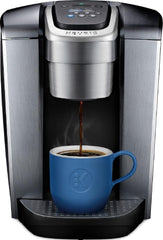Keurig K-Elite front view showing brushed silver finish and space-saving design for kitchens