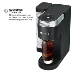 Keurig control panel with simple buttons for size, strong mode, and hot-over-ice convenience