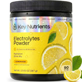 KEY NUTRIENTS front packaging showing lemonade flavor and 90 servings benefits convenience