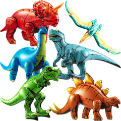 KiddieLoot dinosaurios inflables frente mostrando seis especies y colores vibrantes